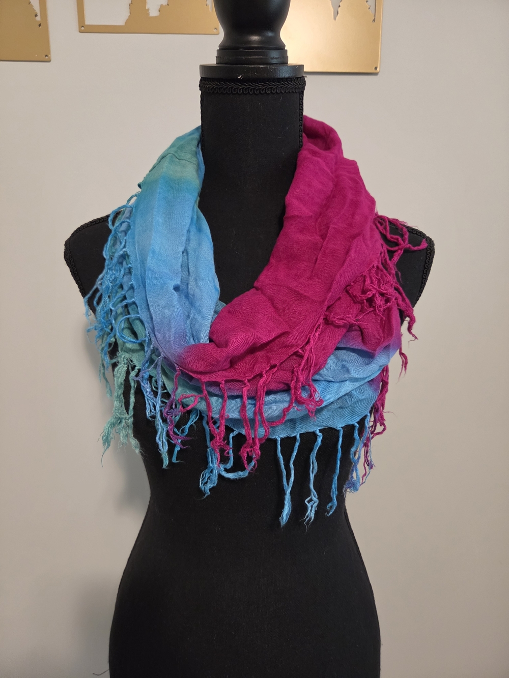 Pink & Blue Fringe Scarf Like New